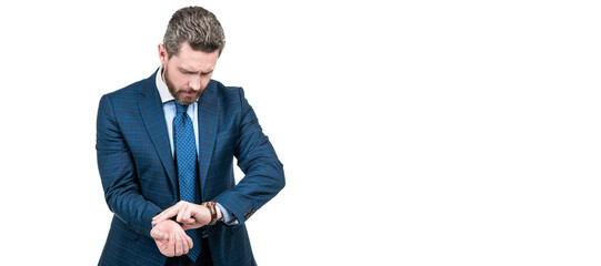 Businessman in business suit place fingers on wrist measuring heartbeat with watch, pulse rate. Man...