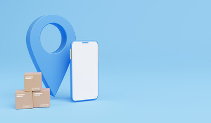 3d smartphone with cardboard boxes parcel and location map pin isolated on blue background for mock up and creative design. Shopping online concept. Express transportation service for web banner.