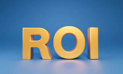 3D Golden ROI - Return On Investment isolated on blue background. Business and financial investment trading concept. Calculate, Stock market, gold 3D rendering.
