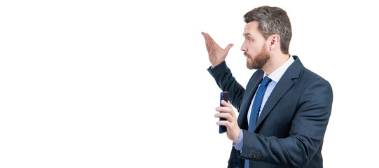 Man face portrait, banner with copy space, isolated on white.