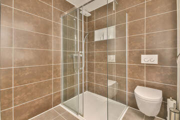 Modern home interior design of white bathroom with open bathtub and shower separated from toilet by...