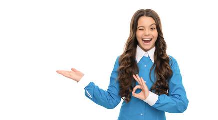 winking face of teen girl presenting product show ok gesture, copy space, advertisement.