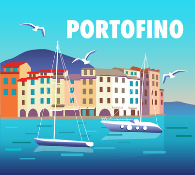 Portofino landscape vector illustration with the town view, fishing boats and seagulls