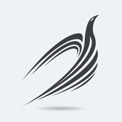 Phoenix, pigeon or swallow image. Stylized rising flying bird silhouette. Black color. Vector illustration. Works well as a tattoo, emblem, print, computer icon or mascot