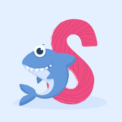 Cartoon letter of the alphabet with animal character shark