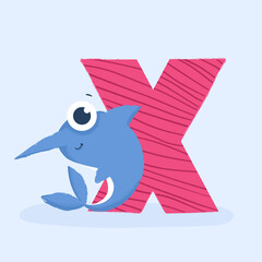 Cartoon letter of the alphabet with animal character fish xerus