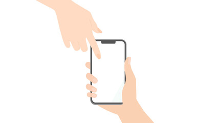 白い背景のスマートフォンを持っている人と指をさしている人の手 - スマホの使いかた説明のイメージ素材