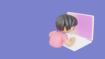 3D Vocrub character using laptop, Business investment research, Finding inspiration to start business, Startup ideas New products, Business icons, Social Addiction, 3D rendering illustration concept