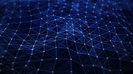 Technology concept of the interconnection of dots and lines as polygons. Dark blue abstract background.