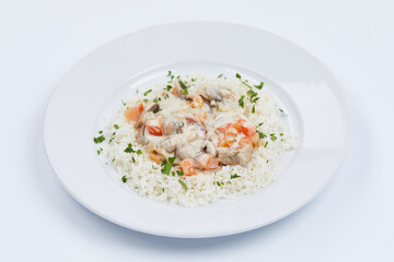 rice with meat on white