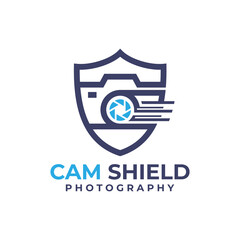 Abstract Minimalist Camera Shape and Badge Shield Combination Logo Design.