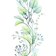 Watercolor leaves seamless border. Eucalyptus branches composition on the vertical line. Hand drawn botanical illustration isolated on white. Abstract transparent plants design
