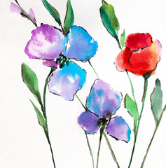Flower illustration in watercolor. Delicate floral pattern. Artistic background. Postcard. Flower card.