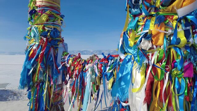 Shaman rock and ritual pillars on lake Baikal