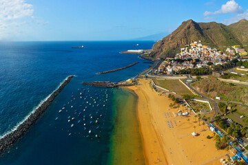 Teresitas Beach aerial View taken with Drone. Tenerife Canary Island, Spain