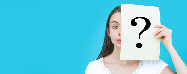 Girl question, anonymous, incognita. Unknown woman holding question mark.