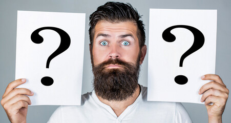 Beard man question mark, solution problems. Thinking man with question mark