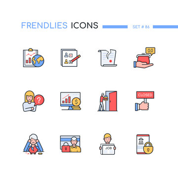 Dismissal and financial problems - modern line design style icons set