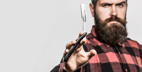 Beard man, bearded male. Portrait beard man. Barber scissors and straight razor, barber shop. Vintage barbershop, shaving. Mens haircut. Barber scissors and straight razor, barber shop