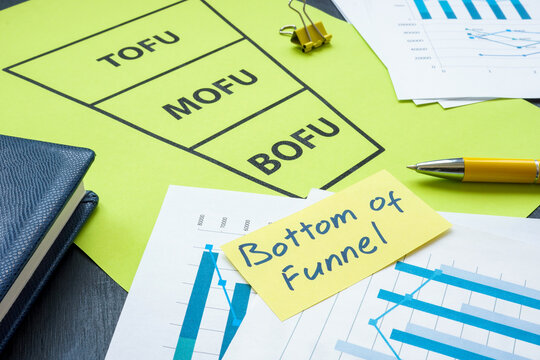 Sticker with sign bottom of funnel BOFU and marketing funnel.