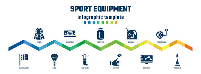 sport equipment concept infographic design template. included fencer, black flagged, backup car, padel, energy bar, golf caddy, oil down, coin toss, tire pressure, chesspiece icons.