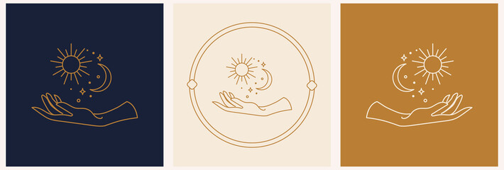 Mystical female hands logo in minimal linear style. Vector logo design. Templates with various hand gestures, moon, stars and crystals. For cosmetics, beauty, tattoo, spa, manicure, jewelry store
