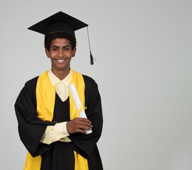 Teenager boy afro graduated isolated holding a diploma looking to the camera , graduate concept
