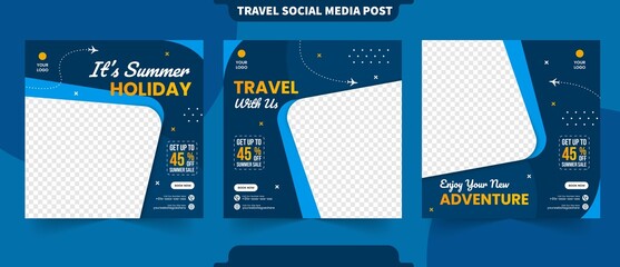 Summer vacation tour travel concept for instant post and social media collection banner with editable photo template