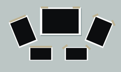 Set of blank photo frame with adhesive tape isolated on gray background. Vector illustration. EPS 10.