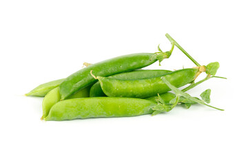 Pods of green peas on a white background, fresh vegetables.