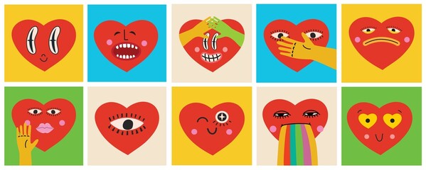 Retro love crazy and smeared heart smiley face. Hippie groovy smile character vector set. Valentine day concept. Vector illustration