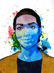 woman portrait illustration watercolor painting abstract background lady blue face on colorful splash stain paint