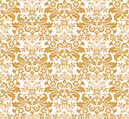 Wallpaper in the style of Baroque. Seamless vector background. White and gold floral ornament. Graphic pattern for fabric, wallpaper, packaging. Ornate Damask flower ornament