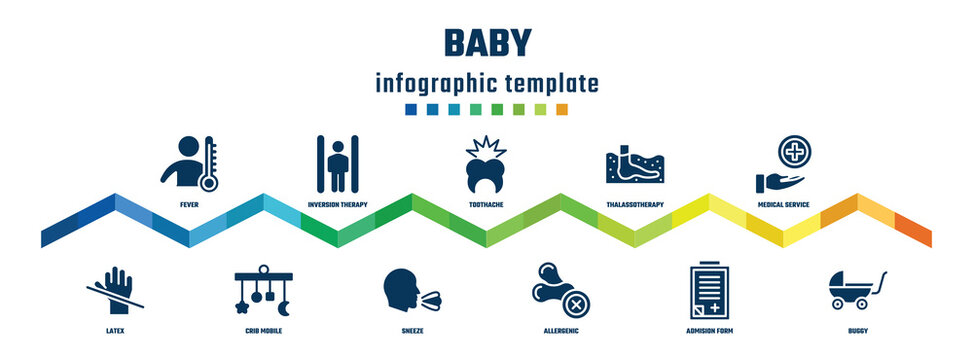 baby concept infographic design template. included fever, latex, inversion therapy, crib mobile, toothache, sneeze, thalassotherapy, allergenic, medical service, buggy icons.