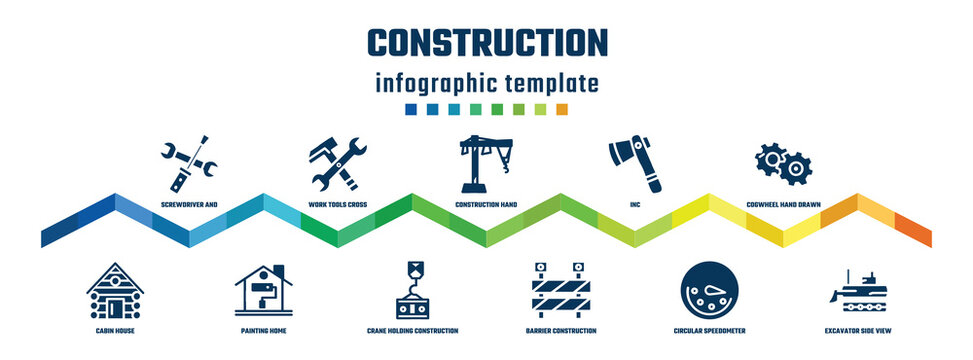 construction concept infographic design template. included screwdriver and doble wrench, cabin house, work tools cross, painting home, construction hand drawn sketch, crane holding construction