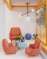 Cozy interior with armchairs, coffee table, plants, 3d render.