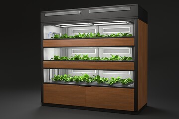 Smart shelving system that automatically grows herbs and vegetables. Indoor hydroponic garden at home growing