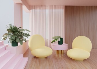 Modern cozy interior with chairs, coffee table, plants, 3d render