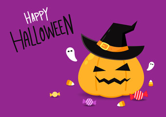 Happy halloween greeting card with cute pumpkin. Holidays cartoon character. cartoon vector.