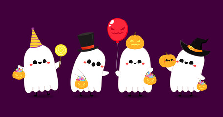 Happy halloween party greeting card with cute ghost. Holidays cartoon character. Cute ghost cartoon set.
