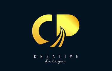 Creative golden letters CP c p logo with leading lines and road concept design. Letters with geometric design.
