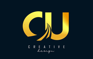 Creative golden letters CU c u logo with leading lines and road concept design. Letters with geometric design.