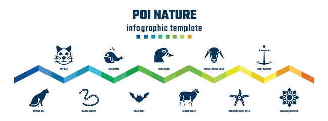 poi nature concept infographic design template. included pet cat, sitting cat, big whale, earth worm, duck head, plain bat, female sheep head, black sheep, boat anchor, angular flower icons.