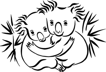 Two koalas vector illustration. Funny koalas hugging on the background of bamboo leaves. Hand drawn ink drawing. Linear drawing. Calligraphic drawing. 