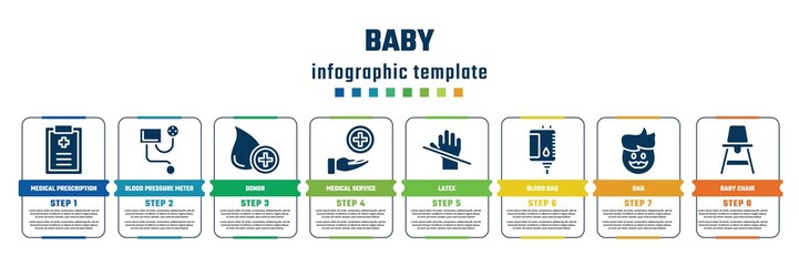 baby concept infographic design template. included medical prescription, blood pressure meter, donor, medical service, latex, blood bag, dad, baby chair icons and 8 steps or options.