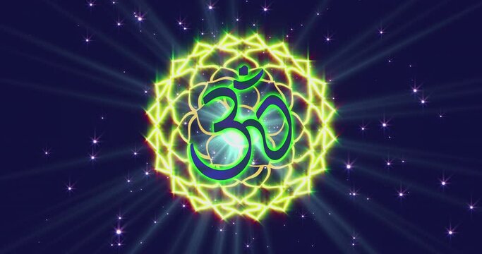 Looped animation of enlightenment with multi-colored energy of chakra aura fields forming divergent patterns of the symbolic lotus and the Indian sign OM. Video for VJing
