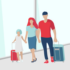 Naklejka na ściany i meble Young man, woman and daughter going to the airplane