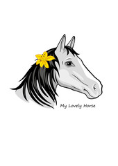 Portrait of a horse with a lily in her mane