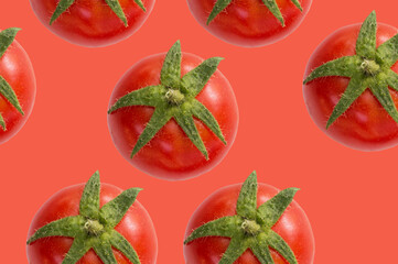 seamless pattern red tomato on a red background.  tablecloth design, napkins, for product packaging, banner design, poster,advertising for supermarkets.