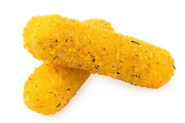 Two fried breaded mozzarella sticks with herbs on white.
